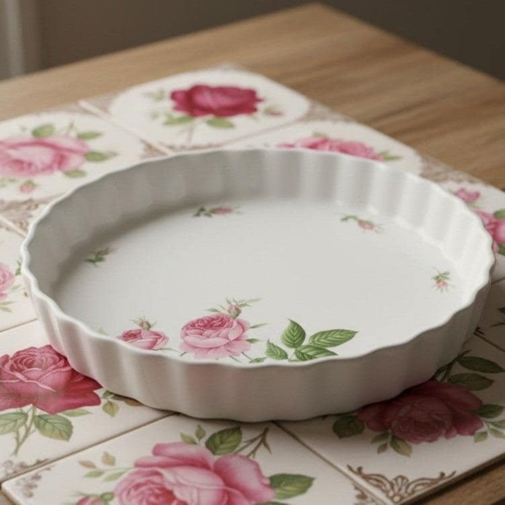 Christineholm White Porcelain Quiche Tart Dish, Pink Rose Pie Pan, Baking Mold
